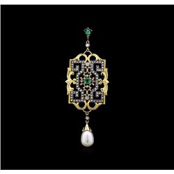 Pearl, Emerald and Diamond Pendant - 18KT Yellow Gold