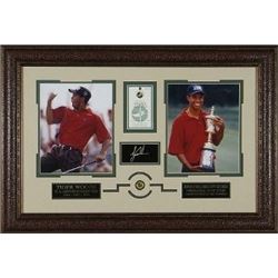 Tiger Woods Unsigned 21X31 2 Photo Engraved Signature U.S. Open Amateur/ Scorecard & Pin Custom Leat