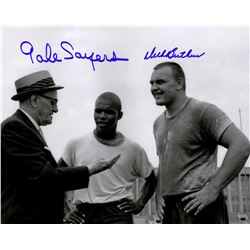 Dick Butkus & Gale Sayers Signed Chicago Bears B&W 8X10 Photo W/George Halas