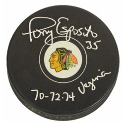 Tony Esposito Signed Blackhawks Logo Hockey Puck W/70, 72, 74 Vezina