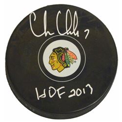 Chris Chelios Signed Blackhawks Logo Hockey Puck W/HOF 2013