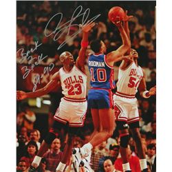 Dennis Rodman Signed Detroit Pistons Shooting Over Michael Jordan 16X20 Photo W/Back 2 Back 89-90