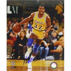 Magic Johnson Signed Los Angeles Lakers 8X10 Photo (Yellow Jersey Dribble-Blue Sig)
