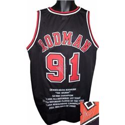 Dennis Rodman Signed Chicago Bulls Black Prostyle Jersey W/ Embroidered Stats