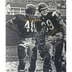 Gale Sayers & Mike Ditka Dual Signed Chicago Bears Standing On Field B&W 16X20 Photo
