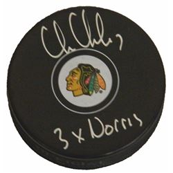 Chris Chelios Signed Chicago Blackhawks Logo Hockey Puck W/3X Norris
