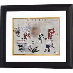 Brett Hull Signed Career Collage 16X20 Photo Custom Framed (Detroit Red Wings/St. Louis Blues/Calgar