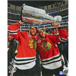 Patrick Kane & Jonathan Toews Dual Signed Chicago Blackhawks 2015 Stanley Cup Trophy 16X20 Photo