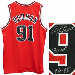 Dennis Rodman Signed Red Throwback Custom Basketball Jersey W/3 Peat 96-98