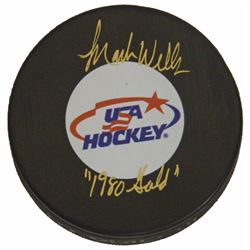 Mark Wells Signed USA Hockey Logo Hockey Puck W/1980 Gold