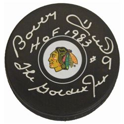 Bobby Hull Signed Chicago Blackhawks Logo Hockey Puck W/HOF 1983, The Golden Jet
