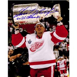 Dominik Hasek Signed Detroit Red Wings Stanley Cup Trophy 8X10 Photo W/2X SC Champs