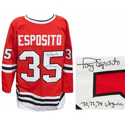 Tony Esposito Signed Red Custom T/B Hockey Jersey W/70, 72, 74 Vezina