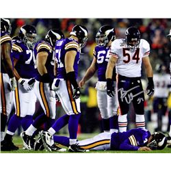 Brian Urlacher Signed Chicago Bears Standing Over Vikings Brett Favre 8X10 Photo