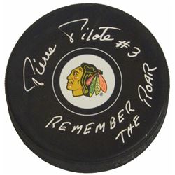 Pierre Pilote Signed Chicago Blackhawks Logo Hockey Puck W/Remember The Roar