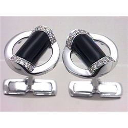 Overlay-Set Onyx Cuff Links With Diamond In 14K White Gold | 348995