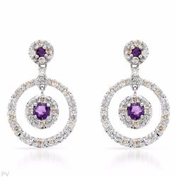 Amethyst & Diamond Round Mobile Dangle Earrings In 14K White Gold | 273225