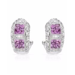 Invisible-Set Pink Sapphire Earrings W/ Diamonds In 18K White Gold | 289828