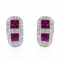 Invisible-Set Ruby Earrings W/ Diamonds In 18K White Gold | 289834