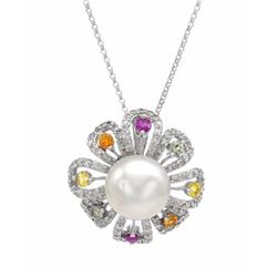 Genuine Sapphire & Pearl Pendant With Diamonds In 14K White Gold | 264971