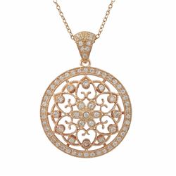 Rose Plated Sterling Silver Circle Pendant With Flower Design White Czs