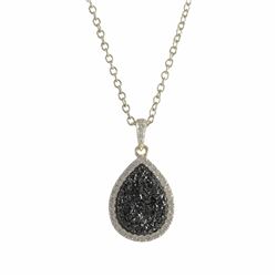 Gold Plated Sterling Silver, 13.5X17.5Mm Teardrop, Grey Druzy Natural Stone With CZ Border, Pendant,