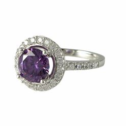 Amethyst Color Round CZ, Surrounded With White Czs, Sterling Silver Ring Size 5