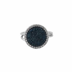 Rhodium Plated Sterling Silver, 15Mm Round Circle, 12Mm Blue Druzy Natural Stone With CZ Border, Adj