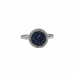 Rhodium Plated Sterling Silver, 11Mm Round Circe, 8Mm Blue Druzy Natural Stone With CZ Border, Ring 