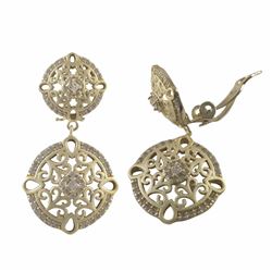 Matte Gold Plated Sterling Silver Filigree Cirlces With CZ Clip Earrings -1.42