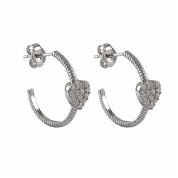 Rhodium Plated Sterling Silver Huggy Hoop Post Earrings With CZ Heart, 0.67&Quot;