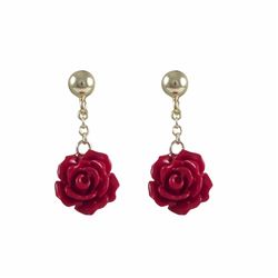 8Mm Red Rose Flower Dangling, On Gold Plated Sterling Silver Ball Post Earrings, 0.94"
