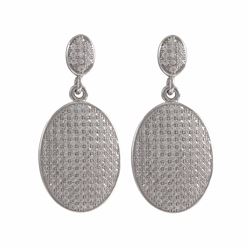 Rhodium Plated Sterling Silver, 14X19mm Oval Dangling Micro Pave CZ  Post Earrings, 1.2&Quot;