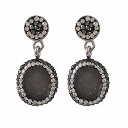 Grey-Blue Druzy Natural Stone Surrounded With White And Black Czech Crystals, Rhodium Plated Brass P