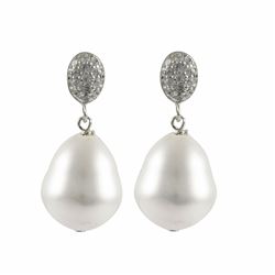White 12X15mm South Sea Baroque Pearl Dangling On Rhodium Plated Sterling Silver CZ Post Earrings, 1