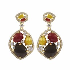Gold Plated Sterling Silver CZ Post Earrings With Smoky Combination Semi Precious Stones, 1.42"
