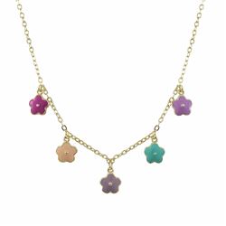 5 Multi Color Enamel Flower Charms On A Gold Tone Brass Necklace, 15" 2"