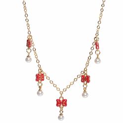 Red Enamel Bow Tie Charms With Pearls On A Gold Tone Brass Necklace, 15" 2"
