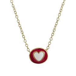 Red & White Enamel Heart Circle Gold Plated Pendant Necklace