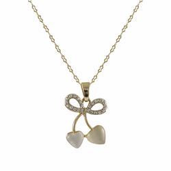 Mother Of Pearl Cat's Eye Stone With White Crystals, Bow Heart Design, Gold Plated Brass Pendant, 1.