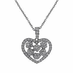 Silver Tone Brass, Open Heart With Flowers, Crystal Pendant On Chain Necklace- 16" 3"
