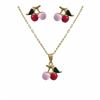 Image 1 : Pink/Red Enamel & Gold Plated Brass Cherry - Post Earrings And Necklace Set
