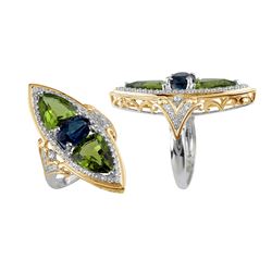 TT STERLING SILVER GOLDPLATED PERIDOT / LDN BLUE TOPAZ / WHITE TOPAZ RING - Size 7 (#9998MUL)