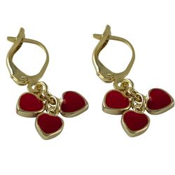 Red Enamel Hearts Dangling On Gold Plated Brass Lever Back Earrings, 1.10"