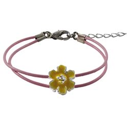 Yellow Enamel Flower On Two Row Pink Cord, Rhodium Plated Bracelet, 6  1 