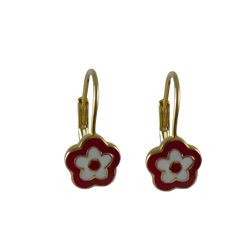 Red And White Enamel Flower-Gold Plated Brass Lever Back Earrings- 0.63"