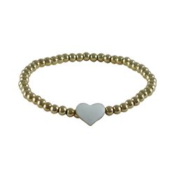 Gold Plated Brass Ball Stretch Bracelet With White Enamel 7X9mm Heart- 5"