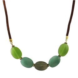 Green Multi Oval Semi Precious Stones On Suede Necklace-16