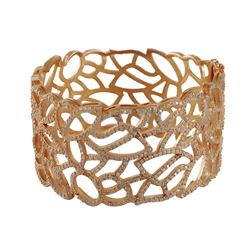 Rose Tone Sterling Silver Cuff Bangle 35Mm Wide With White CZ's Leaf Filigree Design-55M