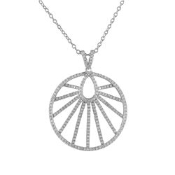 Rhodium Plated Sterling Silver, 30Mm Round Pendant, Line Design, White CZ, 1.46